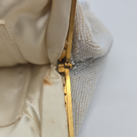 Vintage Ivory Beaded Handbag Embroidered Rose Floral Envelope Clutch French - Picture 12 of 16